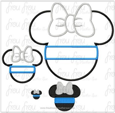 Thin Blue Line Miss Mouse Head Police Officer Applique and filled Embroidery Designs, mutltiple sizes including 1