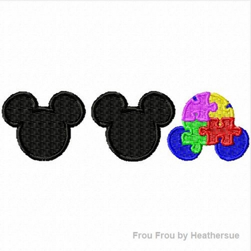 Upside Down Autism Awareness Mister Miss Mouse Heads, Machine Applique Embroidery Design, Multiple Sizes, including 4 inch