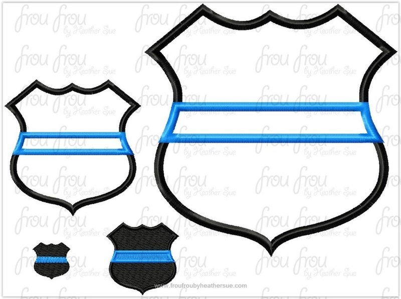 Police Badge With Thin Blue Line Machine Applique and filled Embroidery Design, Multiple Sizes, including 1"-16"