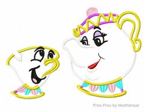 Mrs. Pot of Tea and Chipped Cup Bella SET Machine Applique Embroidery Design, multiple sizes, including 4 inch