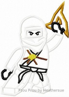 Ninja Leego White Machine Applique Embroidery Design, multiple sizes, including 4 inch
