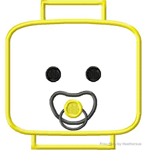 Leego Head Pacifier Machine Applique Embroidery Design, multiple sizes, including 4 inch