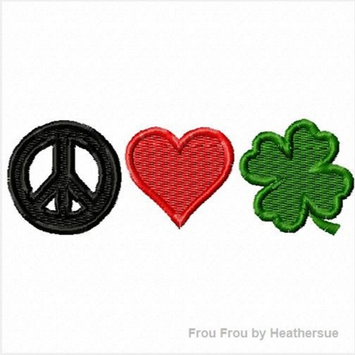 Peace Love Shamrock  Machine Applique Embroidery Design, multiple sizes including 4 inch