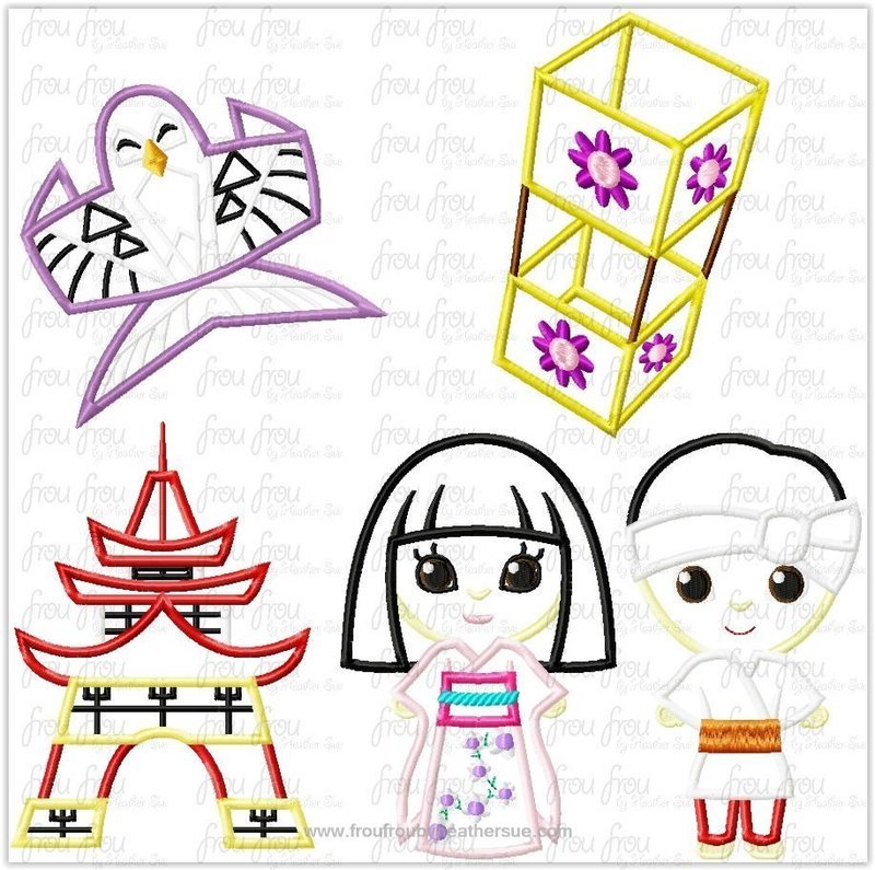 Japan It&#39;s a Small Globe Ride  FIVE DESIGN SET Machine Applique Embroidery Design, Multiple Sizes including 1&quot;-16&quot;