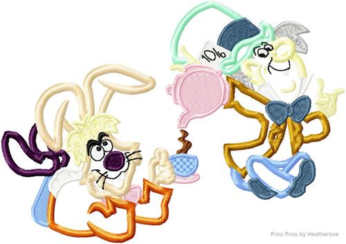 Crazy Hat Guy and Rabbit with Tea SET Wonderland Alyce Machine Applique Embroidery Design, Multiple Sizes, including 4 inch