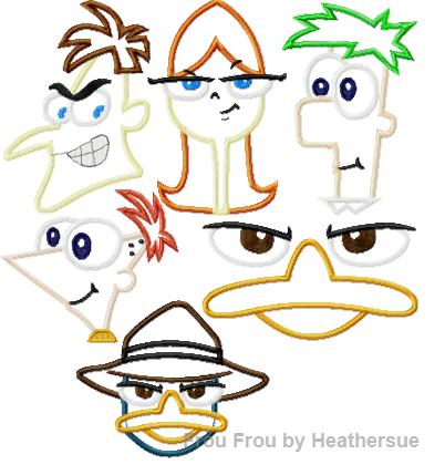 Phin and Phurb Just Heads SET SIX Machine Applique Embroidery Designs, Multiple sizes including 4 inch
