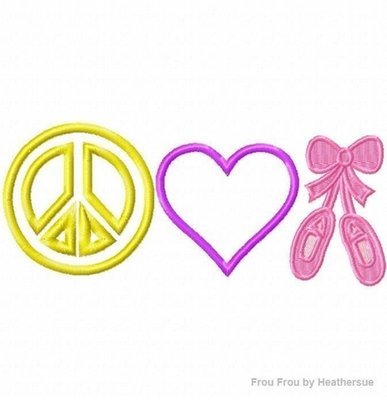 Peace, Love, and Ballet Machine Applique Embroidery Design, multiple sizes including 4 inch
