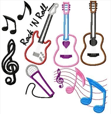 Music Notes, Rock 'N Roll, and Guitars NINE design SET Machine Embroidery Applique Designs, multiple sizes, including 4 inch