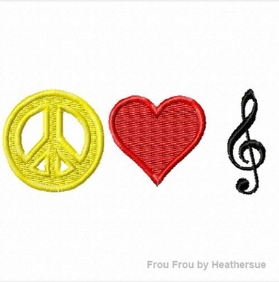 Peace Love and Music Machine Applique Embroidery Designs, multiple sizes including 4 inch
