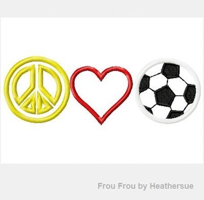 Peace, Love, and Soccer Machine Applique Embroidery Design, multiple sizes including 4 inch