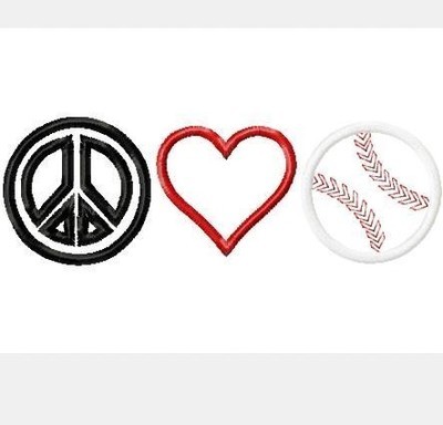 Peace, Love, and Baseball Machine Applique Embroidery Design, multiple sizes including 4 inch