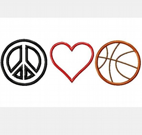 Peace, Love, and Basketball  Machine Applique Embroidery Design, multiple sizes including 4 inch