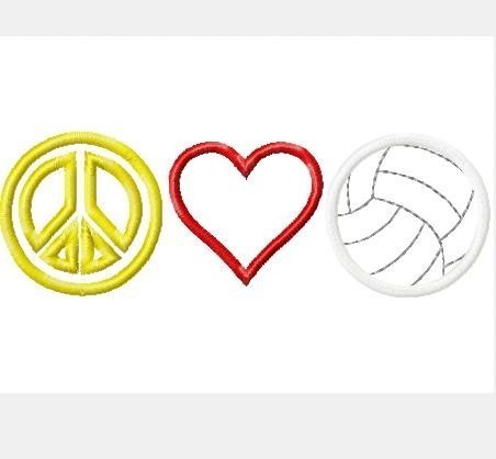 Peace, Love, and Volleyball  Machine Applique Embroidery Design, multiple sizes including 4 inch