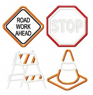 Road Signs Construction FOUR design SET Machine Applique Embroidery Designs, Multiple sizes including 4 inch