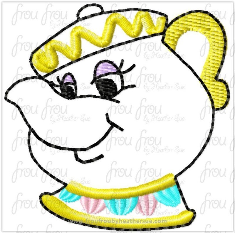 Clippie Mrs. Pot of Tea Bella and Beasty Machine Embroidery In The Hoop Project 1.5-4&quot; and multiples sorted into 4x4, 5x7, and 6x10 hoop