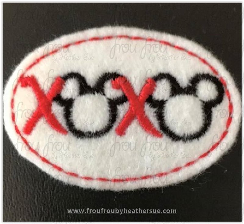 Clippie XOXO with Mister Mouse Head Valentine&#39;s Day Machine Embroidery In The Hoop Project 1.5, 2, 3, and 4 inch