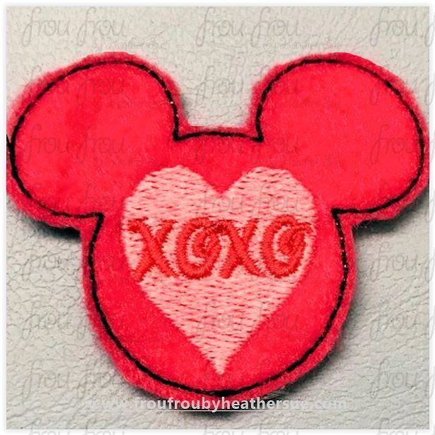 Clippie XO Mister Mouse Head Heart Valentine&#39;s Day Machine Embroidery In The Hoop Project 1.5, 2, 3, and 4 inch