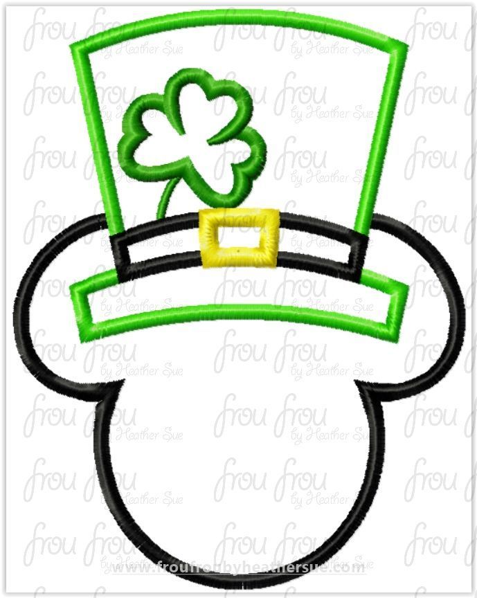 St. Patrick's Day Mister Mouse Head with Shamrock Machine Applique Embroidery Design, multiple sizes including 1"-16"