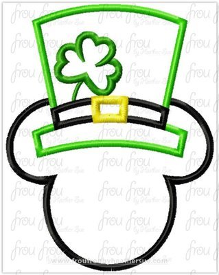 St. Patrick's Day Mister Mouse Head with Shamrock Machine Applique Embroidery Design, multiple sizes including 1