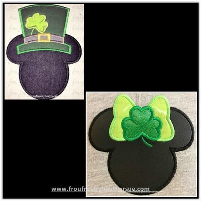 St. Patrick's Day Mister and Miss Mouse Head with Shamrock TWO design SET Machine Applique Embroidery Design, multiple sizes including 1"-16"