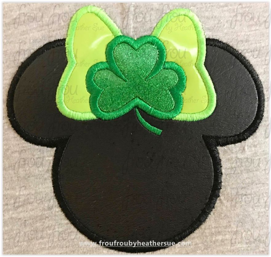 St. Patrick's Day Miss Mouse Head with Shamrock Machine Applique Embroidery Design, multiple sizes including 1