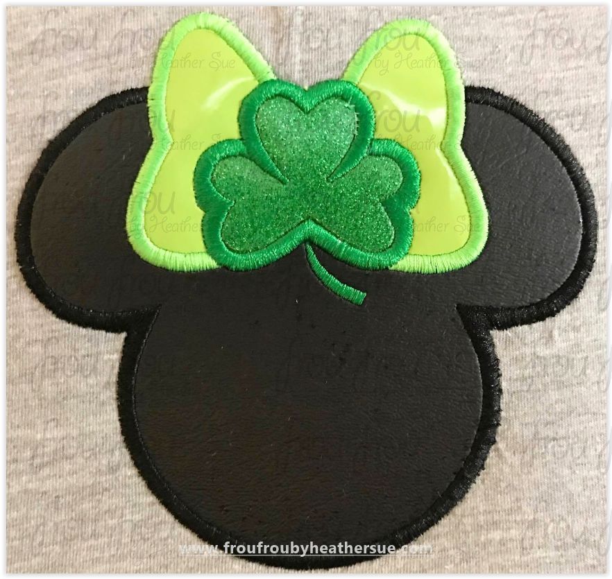 St. Patrick&#39;s Day Miss Mouse Head with Shamrock Machine Applique Embroidery Design, multiple sizes including 1&quot;-16&quot;