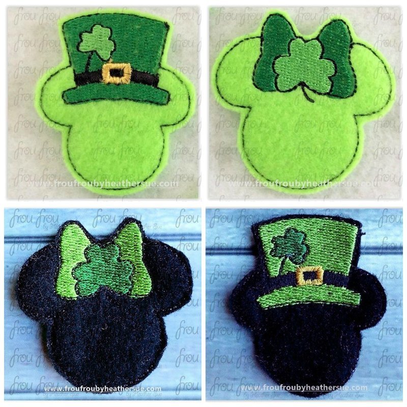 Clippies St. Patrick&#39;s Day Mister and Miss Mouse Head with Shamrock TWO Design SET Machine Embroidery In The Hoop Project 1&quot;-4&quot;