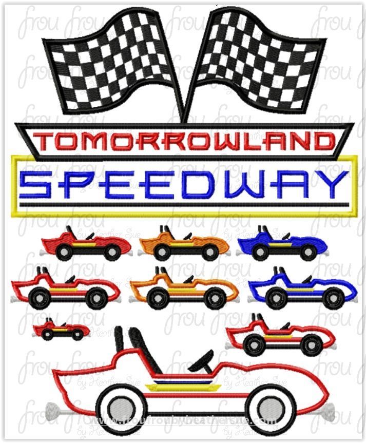 Tomorrow World Speedway Logo And Race Cars Ride THREE Design SET Machine Applique Embroidery Design, Multiple Sizes including 1"-16"