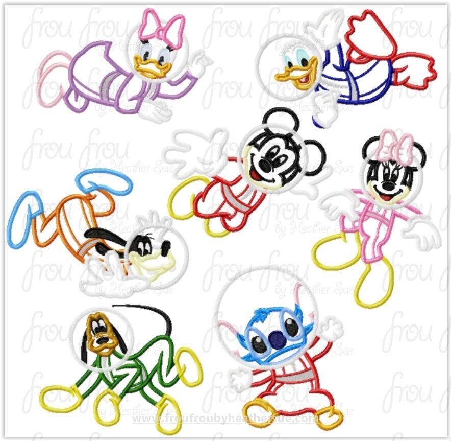 Astronaut Mister Mouse and Friends SEVEN Design SET with and without vinyl overlay Full Body Machine Applique Embroidery Design, Multiple Sizes- 4
