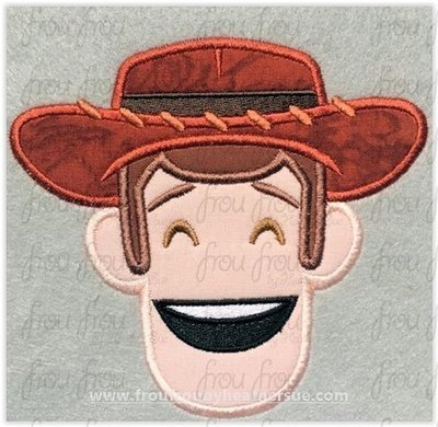 Wooden Cowboy Toy Movie Emoji machine embroidery design, multiple sizes including 2