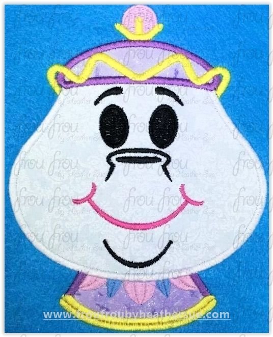 Mrs. Pot of Tea Emoji Bella and Beasty machine embroidery design, multiple sizes including 2&quot;-16&quot;