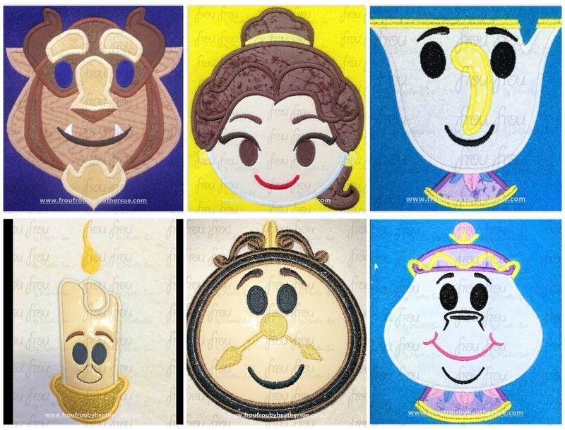 Bella and Beasty Emoji SIX Design SET machine embroidery design, multiple sizes including 2&quot;-16&quot;