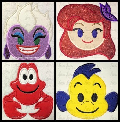 Ariah Mermaid Emoji FOUR Design SET machine embroidery design, multiple sizes including 2