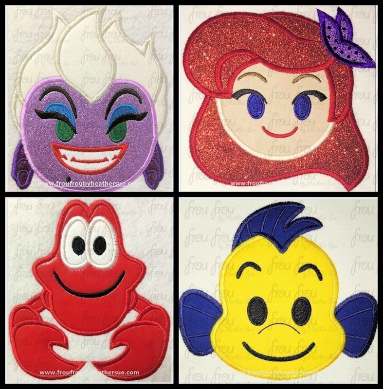 Ariah Mermaid Emoji FOUR Design SET machine embroidery design, multiple sizes including 2&quot;-16&quot;