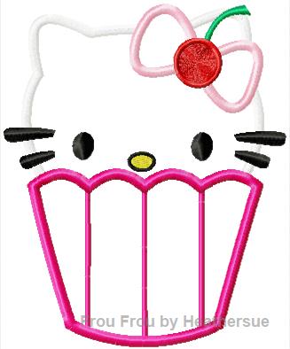 Cupcake Howdy Cat with Cherry Machine Applique Embroidery Design, Multiple sizes including 4 inch