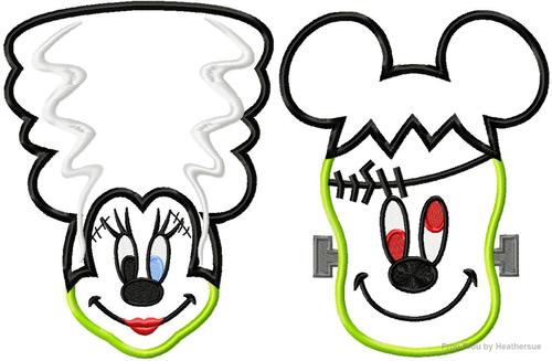 Frankenstein and His Bride Mister and Miss Mouse Halloween Applique Machine Embroidery Design Multiple Sizes, including 4 inch