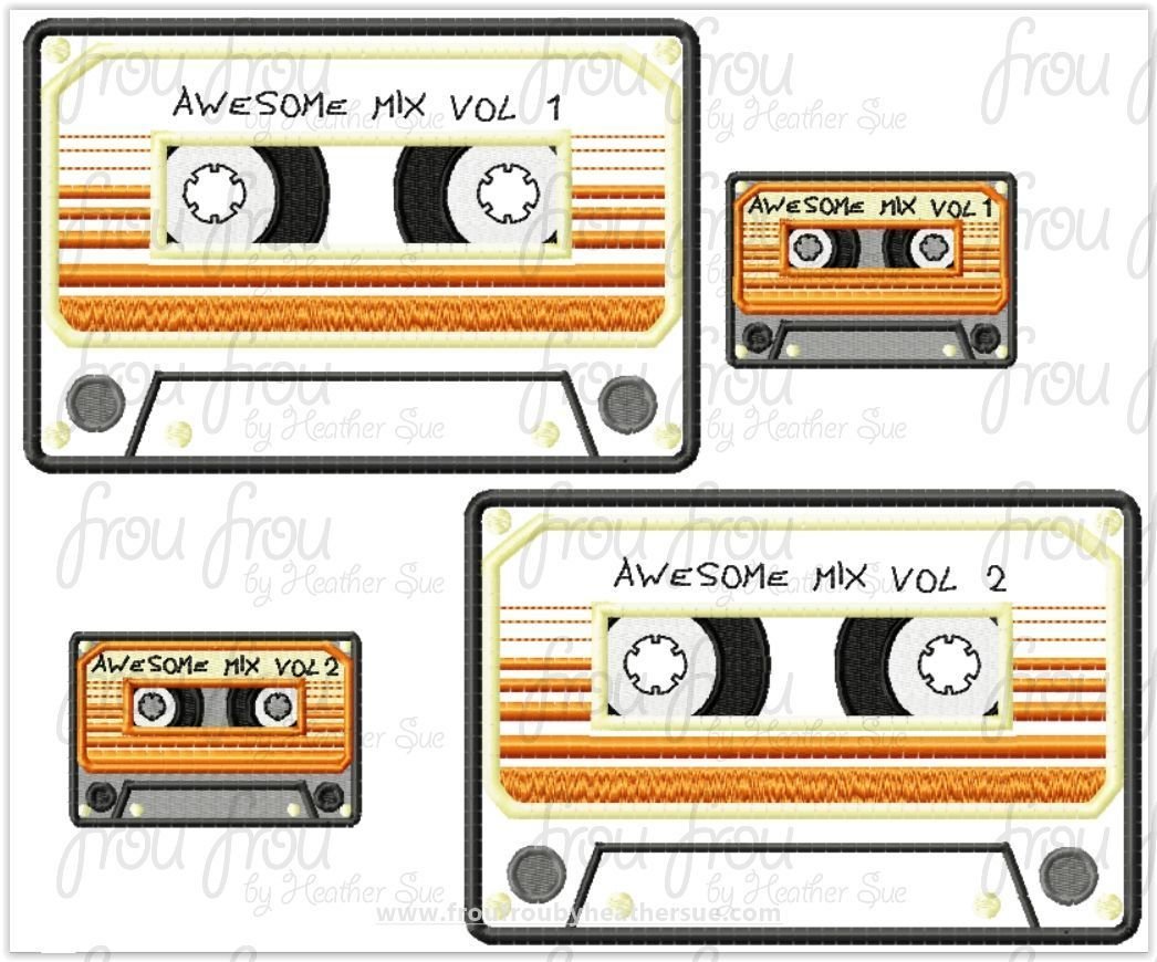 Awesome Mix Tape Vol 1 and 2 TWO Versions Guardians of the Universe Super Hero Machine Applique Embroidery Designs, multiple sizes including 2.5&quot;-16&quot;