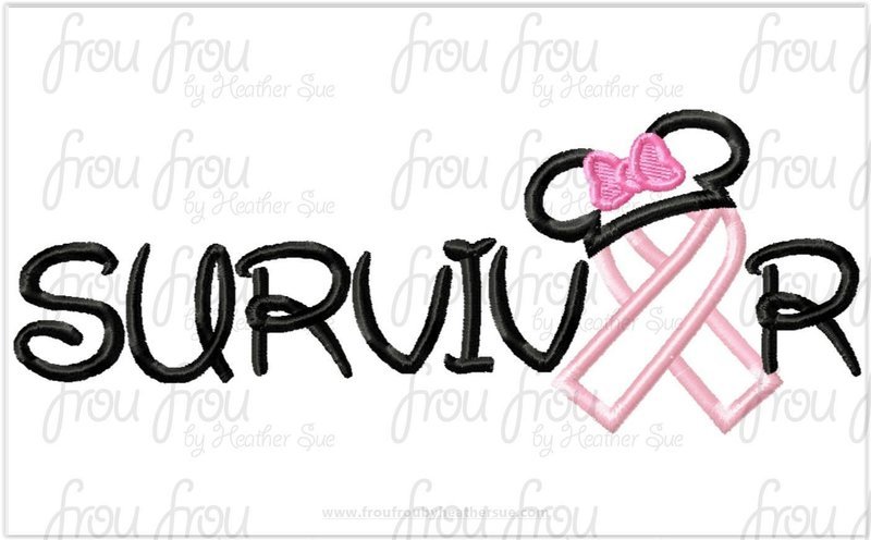 Survivor Awareness Ribbon with Miss Mouse Ears Applique and filled  Embroidery Designs, mutltiple sizes including 4"-16"
