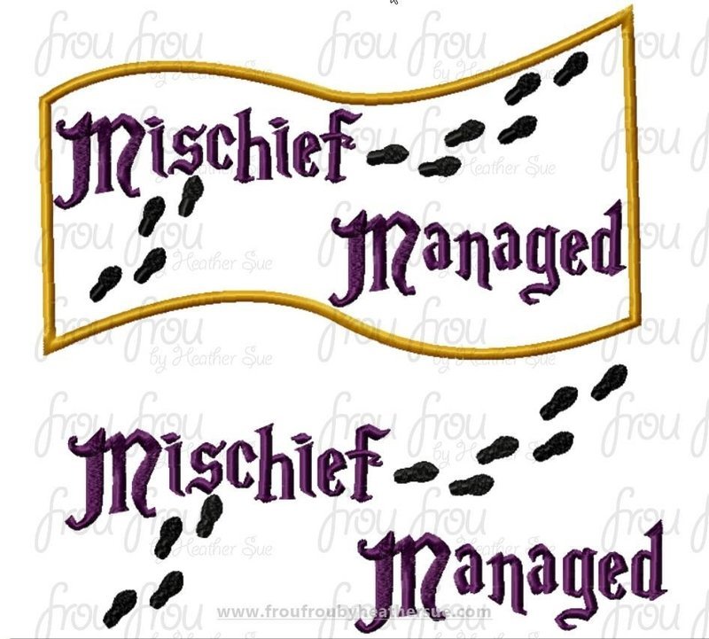 Mischief Managed TWO versions with and without Frame Hairy Potts Wizard Machine Applique Embroidery Design, Multiple sizes including 1"-16"