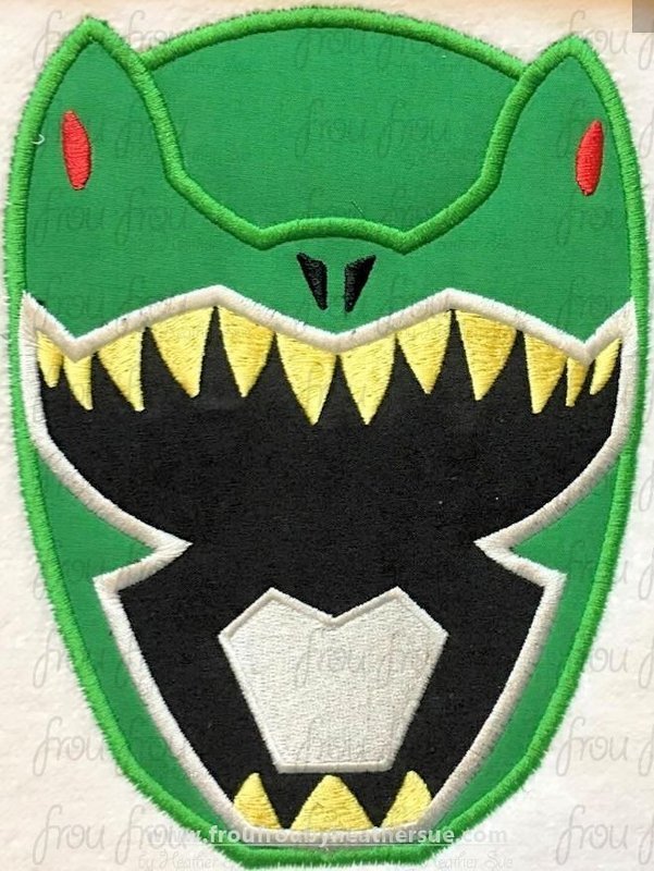 Green Dinosaur Ranger Head Super Hero Machine Applique Embroidery Designs, multiple sizes including 2&quot;-16&quot;
