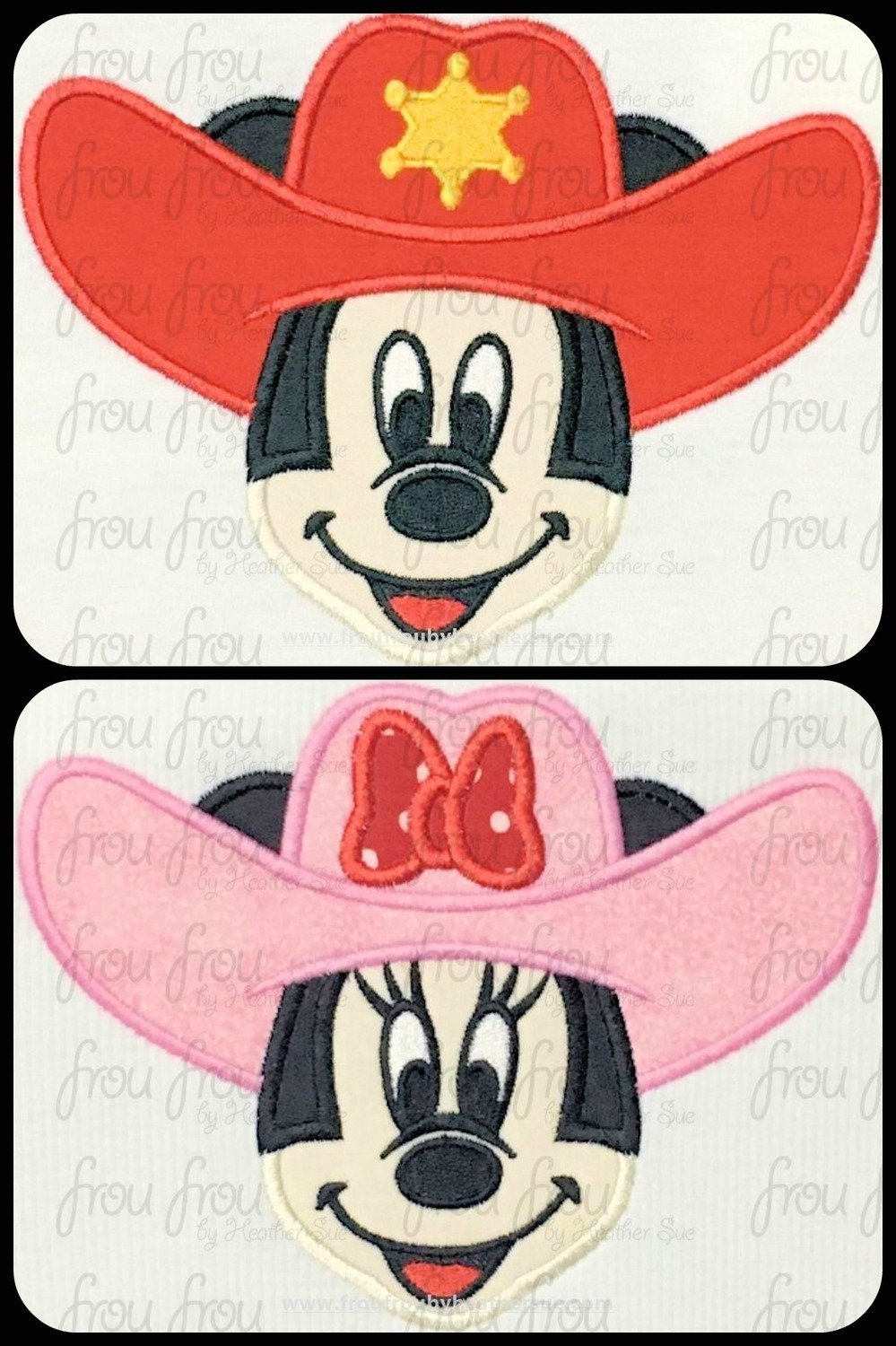 Cowboy Mister and Miss Mouse Cowgirl Just Head with Face TWO Design SET Machine Applique Embroidery Design, Multiple Sizes- 4&quot;-16&quot;