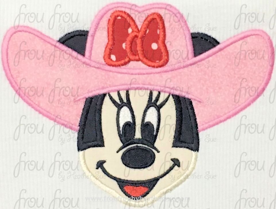Cowgirl Miss Mouse Just Head with Face Machine Applique Embroidery Design, Multiple Sizes- 4&quot;-16&quot;