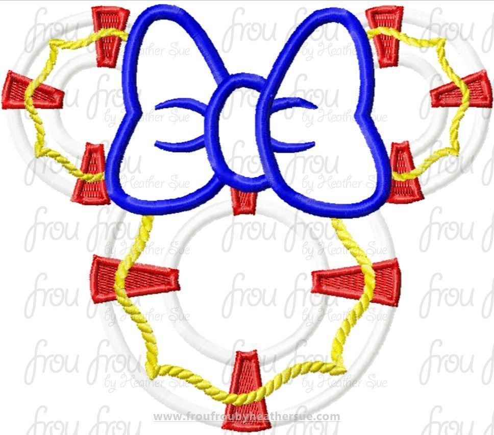 Life Preserver Miss Mouse Head  Machine Applique Embroidery Design, Multiple sizes 2&quot;-16&quot;