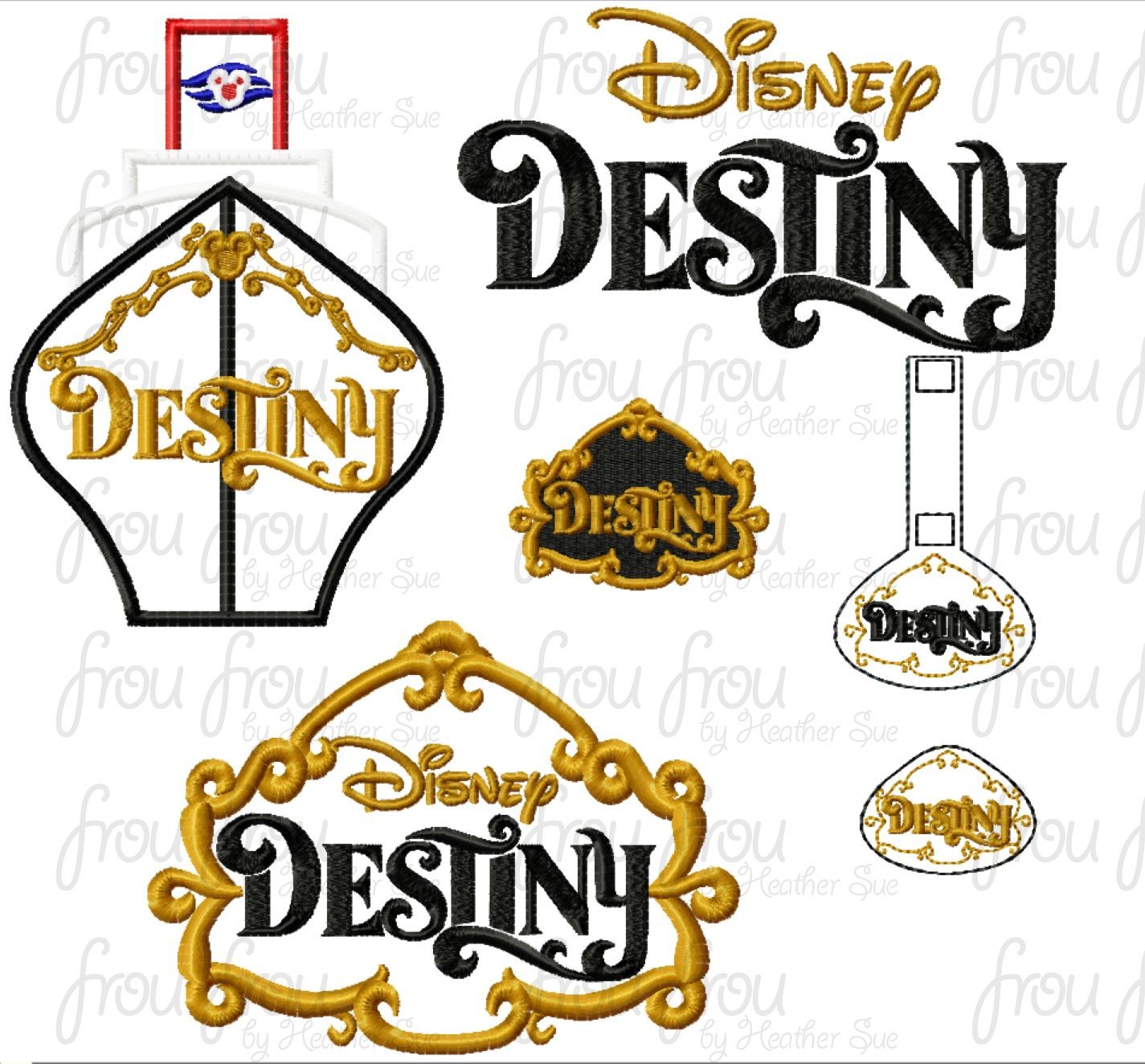 Destiny Dis Cruise Ship  FIVE Design SET Machine Applique, Filled, Clippies, and Key Fob, Multiple Sizes