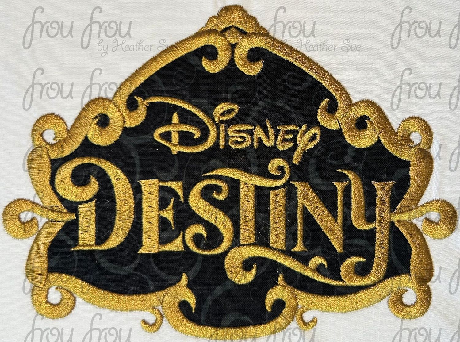 Destiny Dis Cruise Ship Wording with Scrollwork Machine Applique and Filled Embroidery Design Multiple sizes 2&quot;-10&quot;