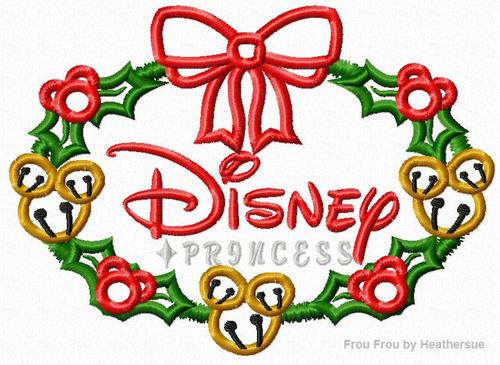 Dis Princess Christmas Wreath with Bells and Holly Machine Applique Embroidery Design, Multiple sizes including 4 inch
