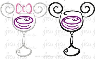 Wine Glass Mister and Miss Mouse TWO design SET Machine Sketch Embroidery Design, Multiple sizes 2"-16"