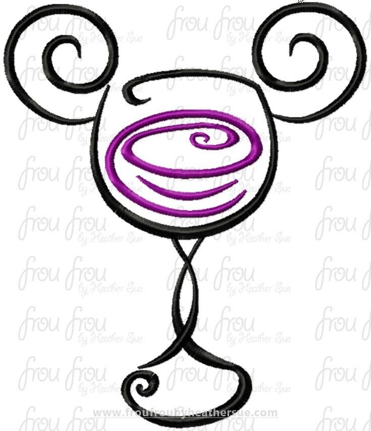 Wine Glass Mister Mouse Machine Sketch Embroidery Design, Multiple sizes 2"-16"