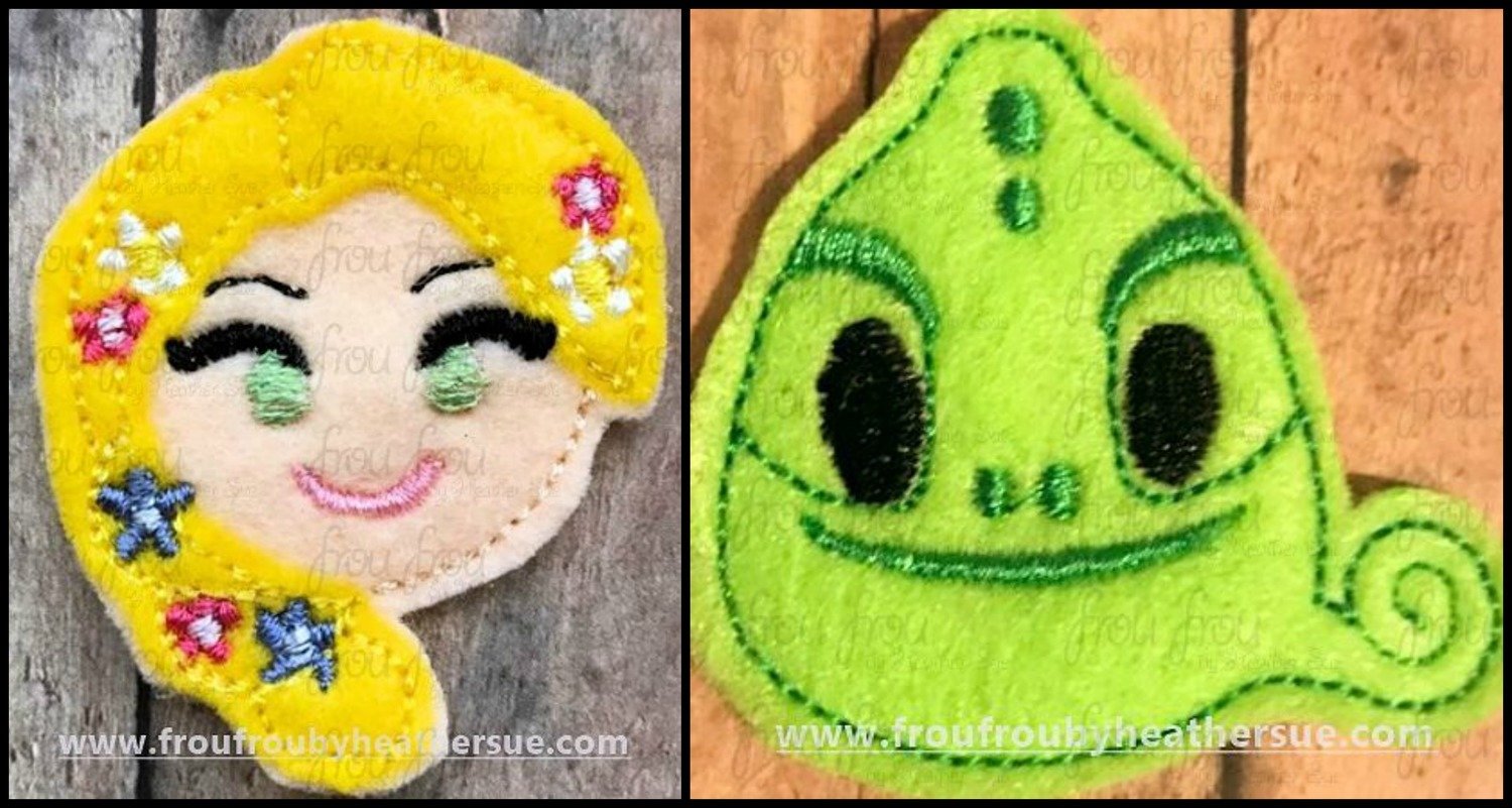 Clippie Punzel Princess and Paskal Chameleon Emoji TWO Design SET Machine Embroidery In The Hoop Project 1.5, 2, 3, and 4 inch