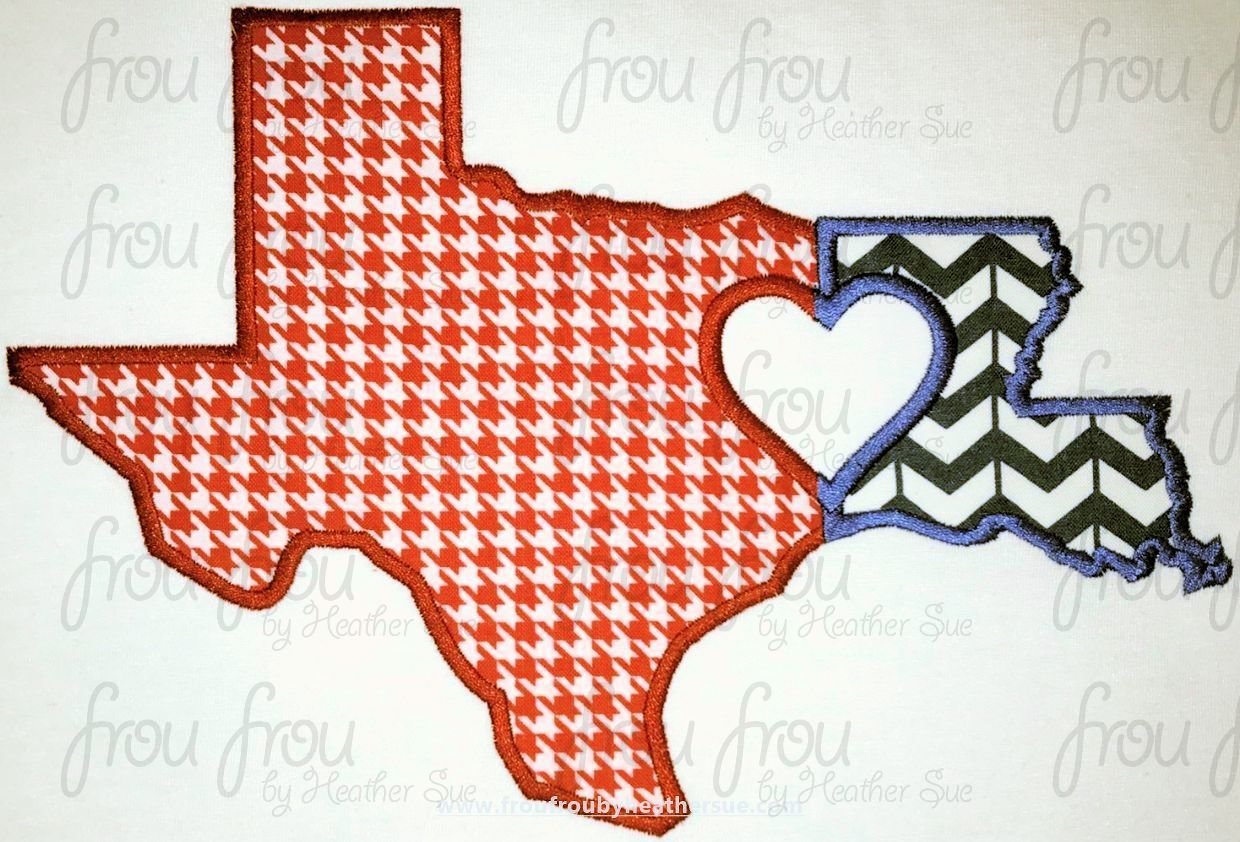 Texas and Louisiana with Heart State Machine Applique and filled Embroidery Design- Multiple Sizes- 2"-16"